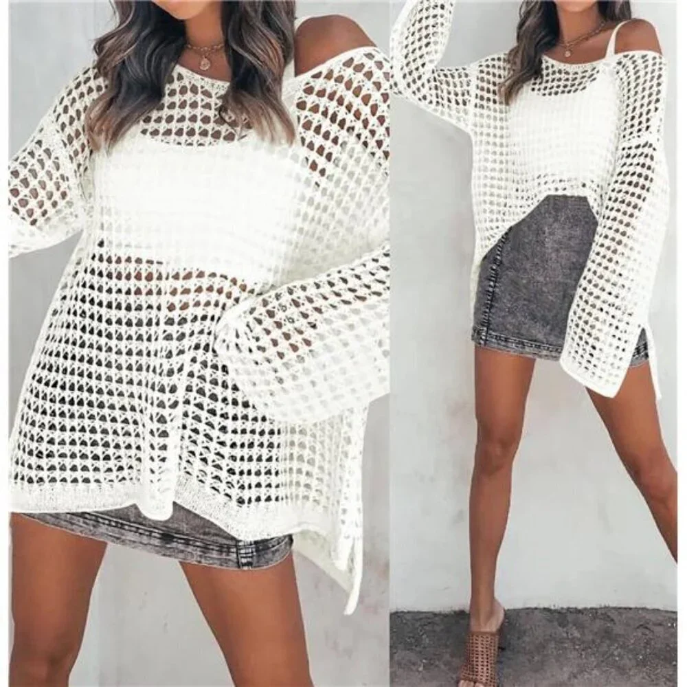 Women's Summer Hollow Out Mesh Beach Bikini Cover Up Tunic Top - Picture 6 of 7